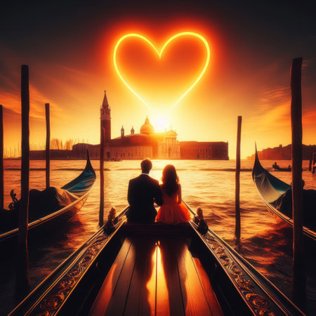 couple in love looking over canals in venice with big love heart generative aiの素材