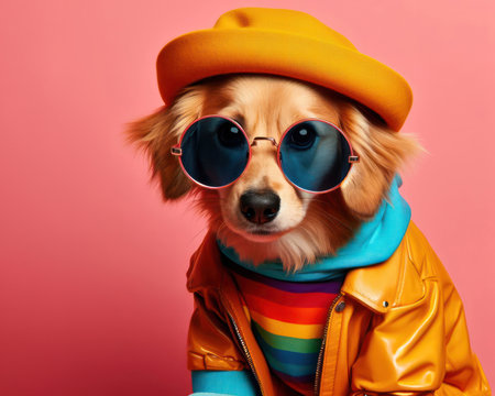 studio style shot of a dog fashionably dressed dogs ready to go out for poster or advertisement generative aiの素材