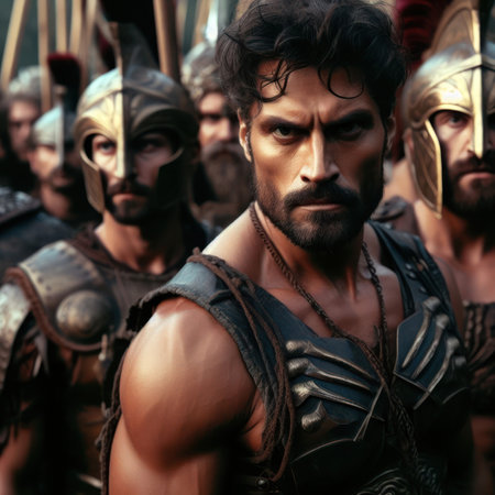 closeup of a strong ancient male warrior leading soldiers for battle generative aiの素材