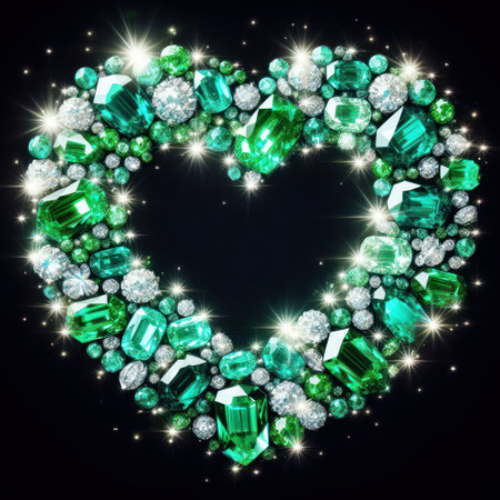 illustration of glittering emeralds and gemstones in a heart shape generative aiの素材