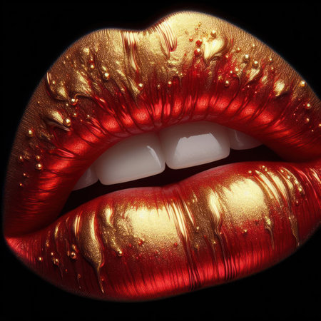 beauty concept of closeup of womans red and gold gilded painted lips generative aiの素材