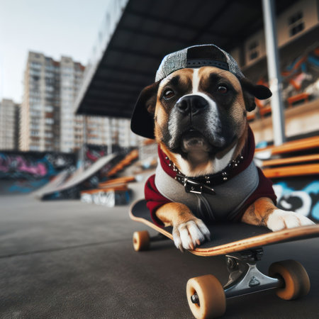 cool skater dog riding a skateboard at a skatepark generative aiの素材