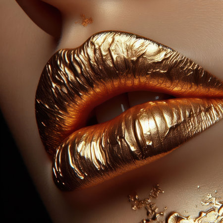 beauty concept of closeup of womans gold gilded painted lips generative aiの素材