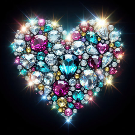 illustration of glittering diamonds and gemstones in a heart shape generative aiの素材