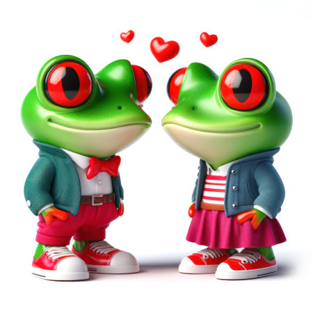 great 3d illustration of a two funny red eyed tree frogs in love generative aiの素材