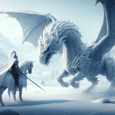 fantasy scence of a knight on horseback facing a huge white dragon in an ice and snow landscape generative aiの素材