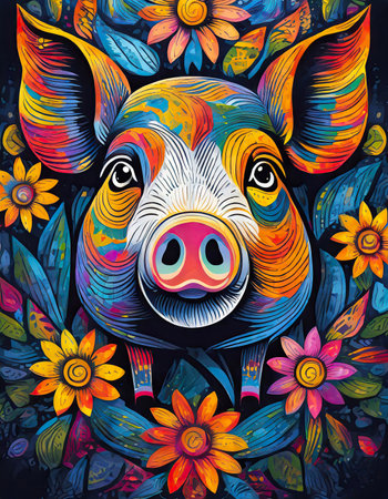 pig bright colorful and vibrant poster illustration generative aiの素材
