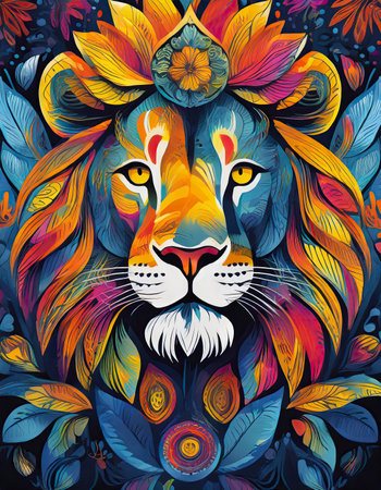 lion bright colorful and vibrant poster illustration generative aiの素材