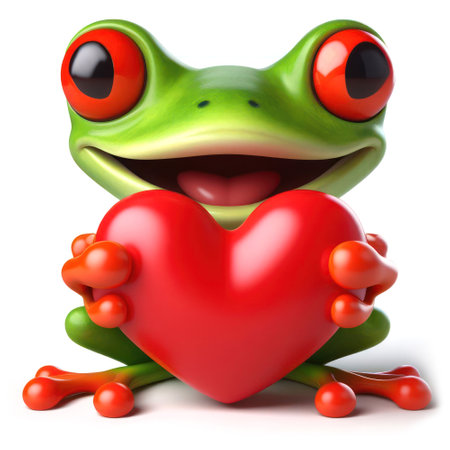 great 3d illustration of a funny red eyed tree frog with a love heart generative aiの素材