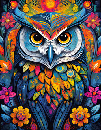 owl bright colorful and vibrant poster illustration generative aiの素材