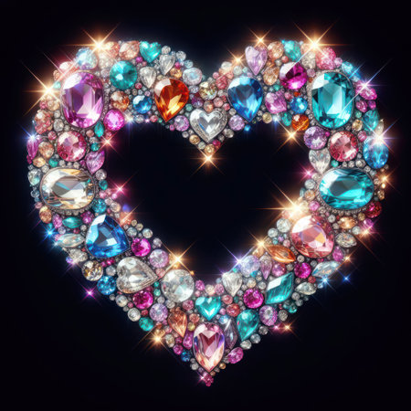 illustration of glittering diamonds and gemstones in a heart shape generative aiの素材