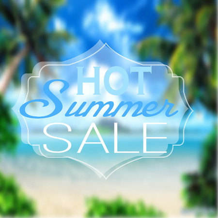 Advertisement about the summer sale on defocused background with beautiful tropical sea beach view. Vector illustration.のイラスト素材