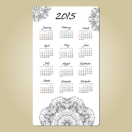 calendar 2015 year design, English, Sunday start, with mandala round ornamentのイラスト素材