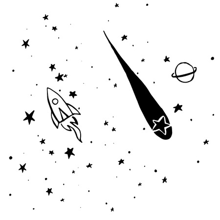Hand drawn, sketch, cartoon illustration of rocket and stars. のイラスト素材