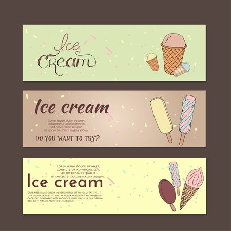 Hand drawn vector illustration with ice Cream. Banner set. for restaurant and cafeのイラスト素材