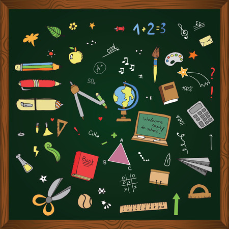 Freehand drawing school items on the blackboardのイラスト素材