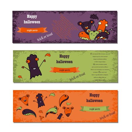 Set of Halloween night backgrounds with cute monstersのイラスト素材