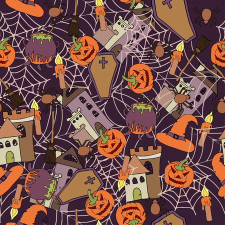 cartoon hand-drawn doodles on the subject of halloween symbols seamless patternのイラスト素材