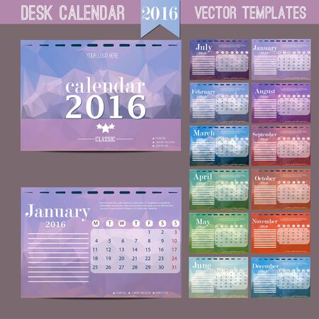 Desk Calendar 2016. Vector Print Template. Week Starts Monday. Vector Illustrationのイラスト素材