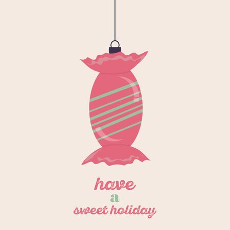 Merry Christmas Vintage Retro Typography Lettering Design Greeting Card on simple background. Happy New Year Happy Holidays Template. Card with Christmas toy candyのイラスト素材