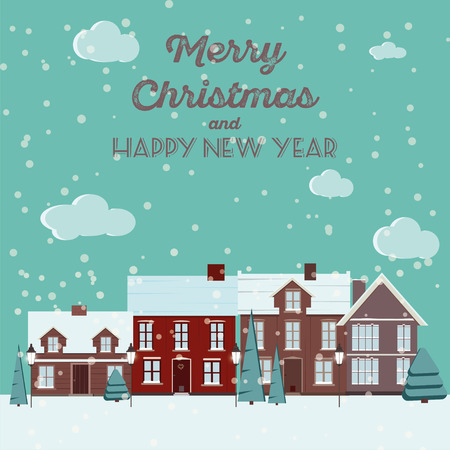 Winter Snow Urban Countryside Landscape City Village Real Estate New Year Christmas Night and Day Background Modern Flat Design Icon Template Vector Illustrationのイラスト素材