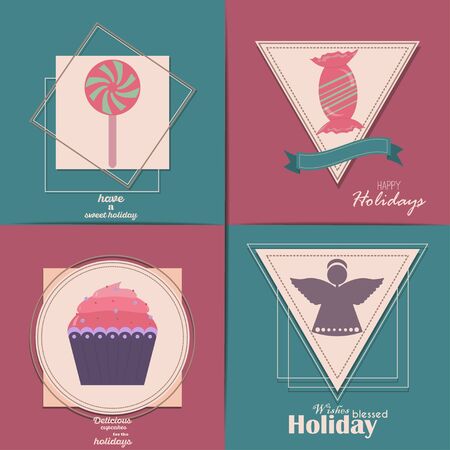 Set of Christmas Cards, flat design elements. With winter home, xmas tree, snow globe, and reindeer elements. Ideal for holiday invitation or greeting card.のイラスト素材