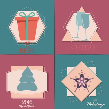 Set of Christmas Cards, flat design elements. With winter home, xmas tree, snow globe, and reindeer elements. Ideal for holiday invitation or greeting card.のイラスト素材