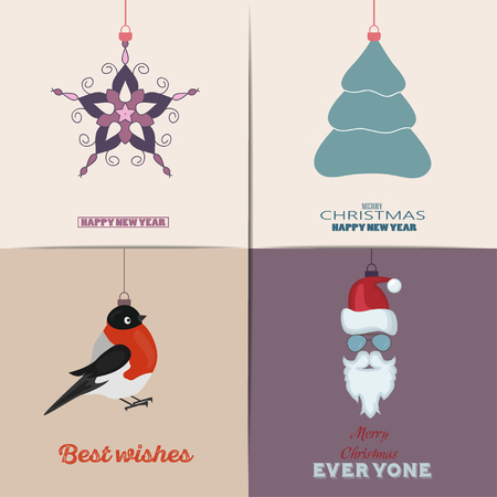 Set of Christmas Cards, flat design elements. With winter home, xmas tree, snow globe, and reindeer elements. Ideal for holiday invitation or greeting card.のイラスト素材