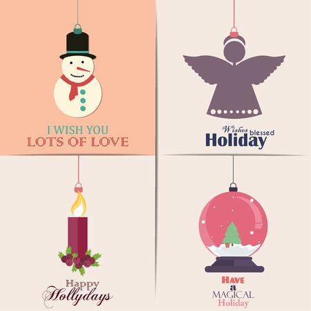 Set of Christmas Cards, flat design elements. With winter home, xmas tree, snow globe, and reindeer elements. Ideal for holiday invitation or greeting card.のイラスト素材