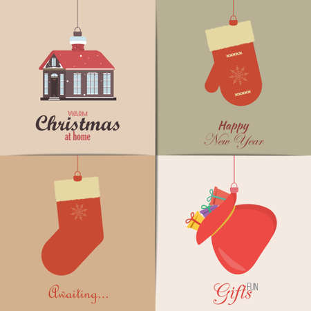 Set of Christmas Cards, flat design elements. With winter home, xmas tree, snow globe, and reindeer elements. Ideal for holiday invitation or greeting card.のイラスト素材