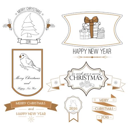 Christmas Decorations Vector Design Elements. Typographic elements, Symbols, Icons, Vintage Labels, Badges, Ornaments and Ribbon, set. Flourishes calligraphic. Merry Christmas Happy Holidays wishes.のイラスト素材