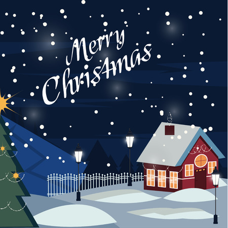 Winter Snow Urban Countryside Landscape.Village at night. Christmas greeting card. House in snowfall. Christmas greeting card background poster.のイラスト素材