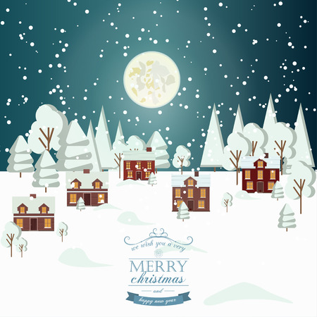 Winter Snow Urban Countryside Landscape City Village Real Estate New Year Christmas Night and Day Background Modern Flat Design Christmas house style. Full moonのイラスト素材
