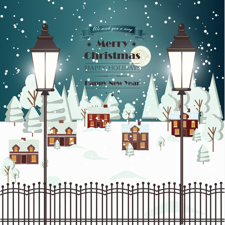 Winter Snow Urban Countryside Landscape City Village Real Estate New Year Christmas Night and Day Background Modern Flat Design Christmas house style. Full moonのイラスト素材