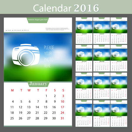Wall Calendar 2016. Vector Template with Place for Photo. 12 Months. Vector template designのイラスト素材