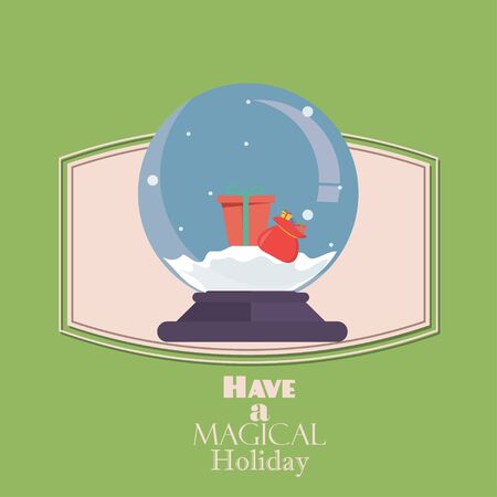 Merry Christmas Vintage Retro Typography Lettering Design Greeting Card on simple background.Flat Christmas Snow Globe. Christmas snow globe with a Christmas tree inside. Isolated Christmas glass ballのイラスト素材