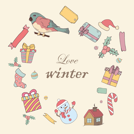 Circle frame with hand drawn knitted winter symbols and accessories. Doodle holiday background and place for your text. Christmas wreath with bullfinch and giftsのイラスト素材