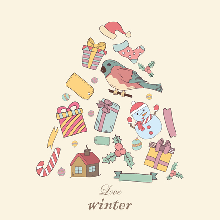 Hand drawn knitted winter symbols and accessories. Doodle holiday background and place for your text. Christmas wreath with bullfinch and giftsのイラスト素材