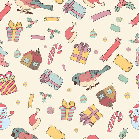 Seamless pattern of Hand drawn knitted winter symbols and accessories. Doodle holiday background and place for your text. Christmas wreath with bullfinch and giftsのイラスト素材