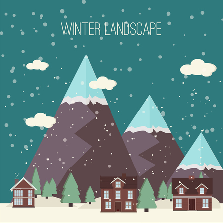 Winter Snow Urban Countryside Landscape City Village Real Estate New Year Christmas Night and Day Background Modern Flat Design Icon Template Vector Illustrationのイラスト素材