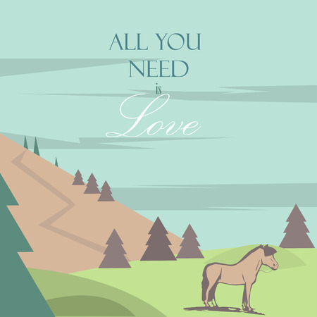 Greeting card for Valentines day with mountain landscape and beautiful horse. Perfect for decoration postcards, brochures, textiles or paper packaging.のイラスト素材