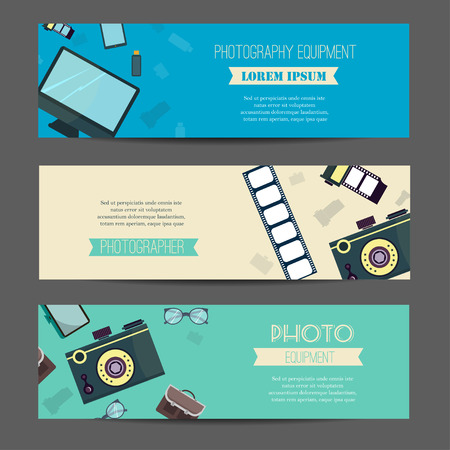 Photography horizontal banner set with photographer equipment flat elements isolated illustration Photo studio  and business card template.のイラスト素材