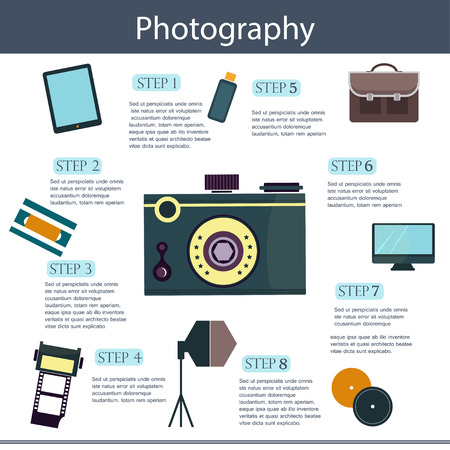 Vector set of colorful photography camera infographic.Abstract creative concept vector background for business infographic, page, brochure, banner, presentation, poster, cover, booklet, document.のイラスト素材