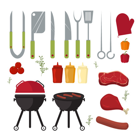 Barbecue design elements and barbecue grill summer food. Grilled picnic barbecue lunch, barbecue weekend cookout meat steak food. Vector set of barbecue and grill elements outdoors cooking dinner.のイラスト素材