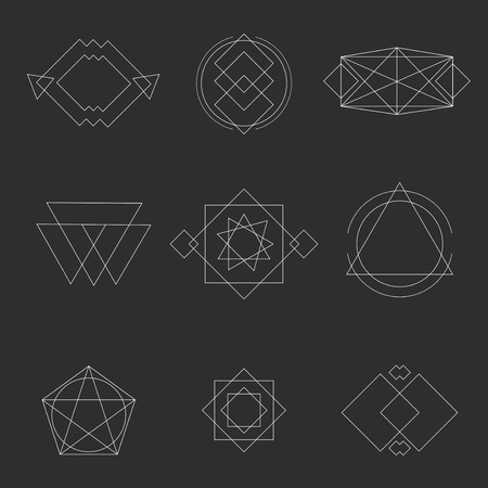 Set geometric shapes signs, labels, and frames triangles line design elements vector illustration. Abstract geometric shapes and geometric shapes design. Element line sign geometric  esoteric symbols.のイラスト素材
