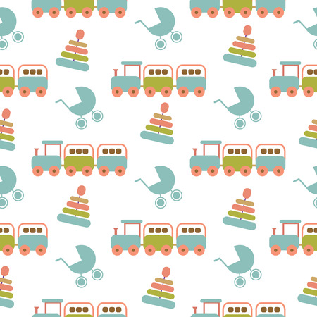 Seamless baby pattern. Many small locomotives on white background. Baby seamless pattern cartoon toy and baby seamless pattern train transport, kid toys. Fabric baby seamless pattern design.のイラスト素材
