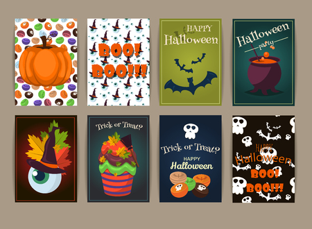 Halloween Posters set party invitation spooky holiday. Vector illustration Halloween poster night evil autumn celebration. Scary horror halloween poster card design. Celebration poster scarry banner.のイラスト素材