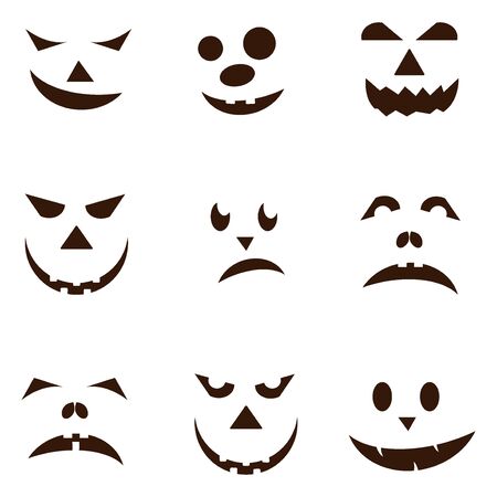 Set of spooky halloween jack o lanterns. Halloween pumpkin orange scary holiday jack o lanterns symbol. Funny halloween pumpkin jack o lantern face vector set. Jack-o-lantern pumpkin faces glowing.のイラスト素材