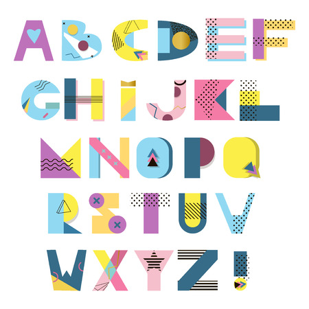 Alphabet geometric funny font. Vector font abstract alphabet. Colorful type letters 80s - 90s style. Letters graphic trendy birthday holidays greeting. Abc memphis style alphabet creative typography.のイラスト素材