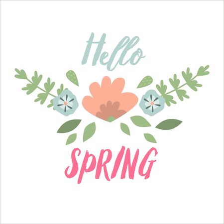 Spring typographic flower design. Vector elements with spring quotes flowers nature wreath frame heart and spring  badge. Good for greeting cards, sale badges, scrapbookのイラスト素材